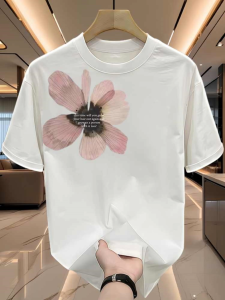 T-Shirt Wanita Lengan Pendek Ukuran Besar & Motif Bunga Kreatif Katun Tipis Bernapas