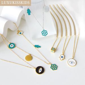 Luxukisskids สร้อยคอสไตล์ฮิปฮอปแบบตาตุรกีเครื่องรางสแตนเลสสีฟ้านำโชคแบบชั่วร้ายสร้อยโชคเกอร์ผู้หญิงฮัมาฟาติมาเครื่องประดับมือสวยงาม