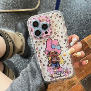 Korean Clear Glitter quicksand Sanrio Black My Melody Phone Case For iPhone 17 16 14 15 Pro Max Cover with Pendant Cute Cases