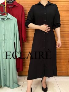●ECLAIRE● 0IS Dress Midi Rayon Twill Premium Lengan Panjang Longsleeves Basic Dasar Kasual Casual Polos Lorenza