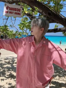 Pink Sun Protection Shirt Mens Fancy Niche Style Long Sleeves Shirt Mens Seaside Wear Summer Thin Couple Coat