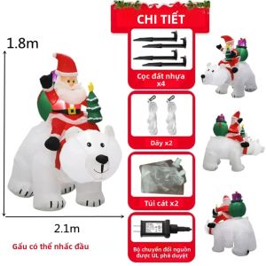 Ông Già Noel Trên Gấu Bắc Cực & Người Tuyết 2.1M Đồ Trang Trí Sân Vườn Giáng Sinh Bơm Hơi Có Đèn LED Trong Nhà Ngoài Trời Đồ Chơi Phát Sáng 1.5M