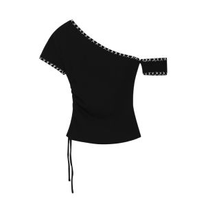 YUEZHONGWEI | American Style Spicy Girl Color Block Shoulder Short Sleeve T-Shirt Women Summer Design Slim Fit Exposed Shoulder Short Top