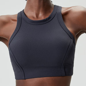 High Neck Leaf Stripes Ribbed Beautiful Back Sport Bra High Intensity Shockproof