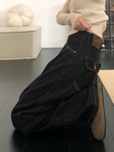 High Waist Extended Vintage Straight Leg Denim Jeans Womens Autumn Deep Blue Loose Wide Leg Floor-Length Pants