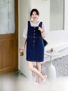 ชุดเดรสลายสก็อตสีน้ำเงิน ชุดเดรสยาวปานกลาง แขนสั้น ทรงหลวม สำหรับผู้หญิง ชุดเดรสแฟชั่นฤดูร้อน ชุดเดรสลำลอง ชุดเดรสกระโปรงสั้น