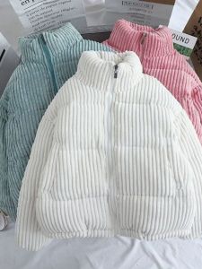 Winter Corduroy Womens Short Jacket Loose Bread Style Korean Version Thickened Long Sleeve Zipper Closure Cotton Coat