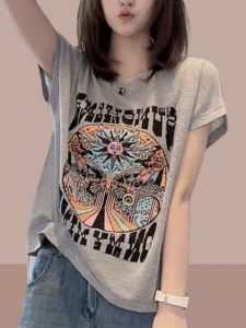 เสื้อยืดผู้หญิงแขนสั้นลายการ์ตูนผ้าฝ้ายไผ่สไตล์เกาหลีแฟชั่นฤดูร้อน เสื้อเชิ้ตทรงสลิมฟิตสำหรับใส่ทำงาน