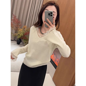 chaqi | Áo thun nữ cổ chữ V dài tay ôm vừa vặn thời trang xuân thu thiết kế ren viền thanh lịch chất liệu polyester