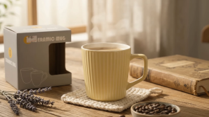 Nordic Ribbed Ceramic Mug with Handle | Minimalist Striped Coffee Cup & Tea Mug | Gift Box Included