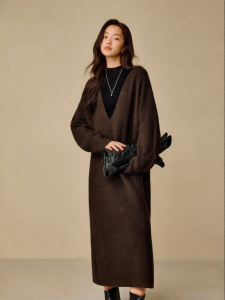 INMAN | Elegant V-Neck Wool Knitted Loose Winter Dress