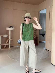 YUFUQING | New Chinese Style Green Retro Sleeveless Vest Top Set High Waist Nine Points Wide Leg Pants Two Piece Set Women Casual Summer
