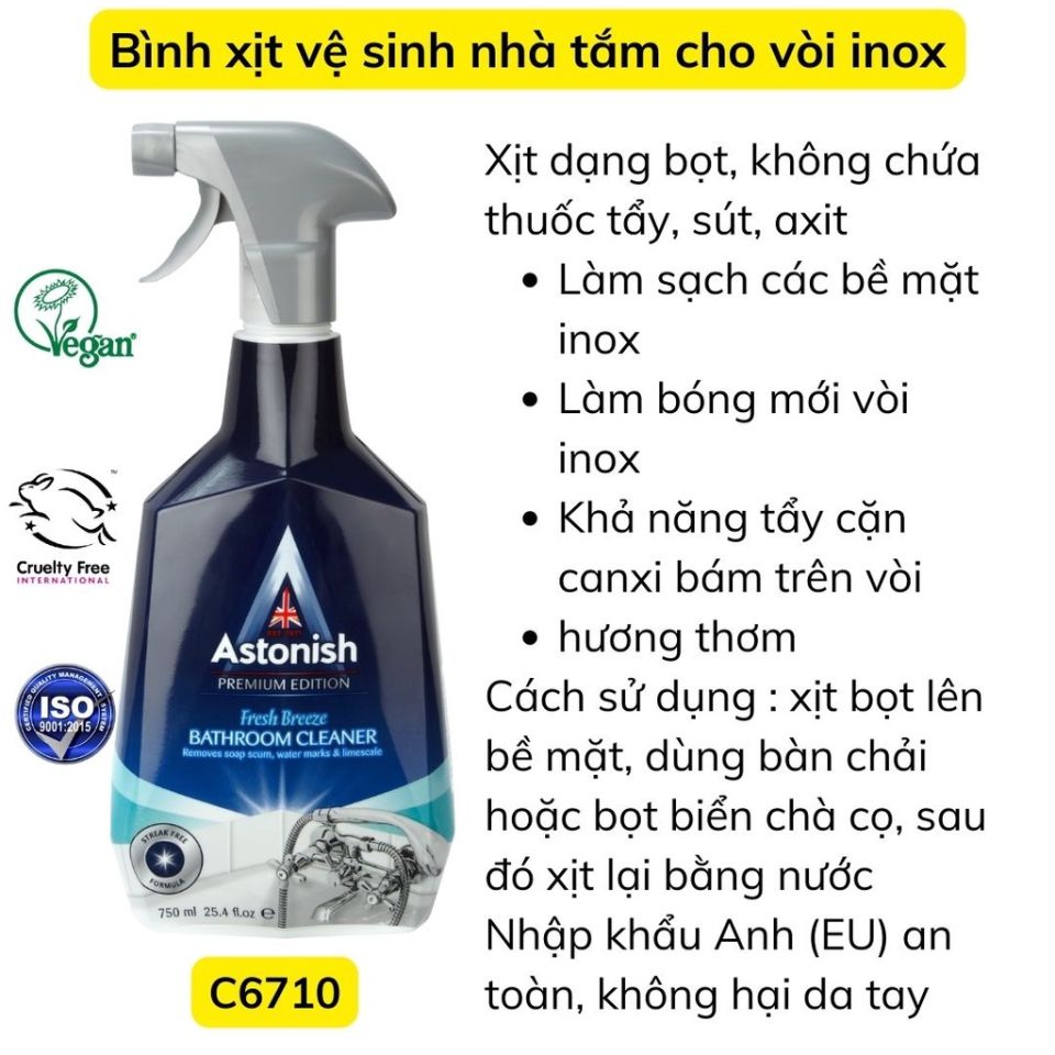 Set chai xịt vệ sinh nhà tắm Astonish bình xịt tẩy nấm mốc ố vàng sàn gạch tẩy rửa các thiết bị inox nhà tắm