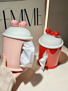 กล่องใส่กระดาษเช็ดหน้ามีโบว์ผีเสื้อแบบกลมสำหรับโต๊ะทำงานในห้องนั่งเล่น กล่องใส่ของสำหรับเก็บของบนพื้นกระต่ายเหลืองขนาดเล็ก