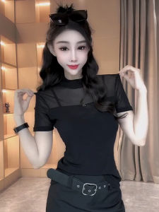 Elegant Half-High Collar Mesh Splice Short Sleeve T-Shirt Womens Slimming Base Layer Top for Summer 2025 Fashion Trend