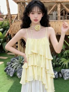GUZILIAN | Áo Dây Màu Vàng Sữa Sang Trọng Phong Cách Pháp