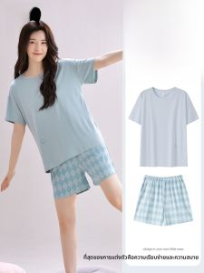 MiiOW | ชุดนอนผ้าคอตตอนโมดอลบางระบายอากาศได้ดีสำหรับผู้หญิง ชุดนอนฤดูร้อน ชุดอยู่บ้าน ชุดนอนแขนสั้น คอกลม ลายพิมพ์เรียบง่าย