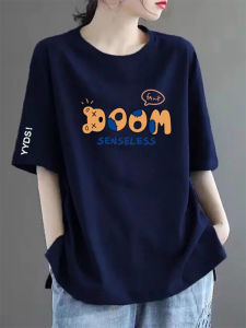 Womens Mid-Length Short-Sleeve T-Shirt Pure Cotton Printed Loose Fit Summer Top Korean Style round Neck Versatile Casual Wear