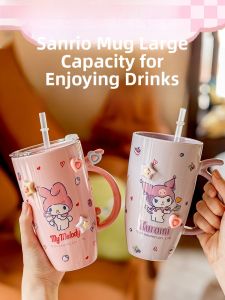 Kurumi Large Capacity Ceramic Mugs Creative Lid Straw Cup for Couples Home Office Coffee Cup Womens Style Cartoon Design