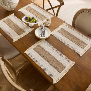 Placemat Set of 4,Handmade Boho Natural Cotton Burlap and Water Straw Woven Combination Table Mats Macrame Décor and Farmhouse