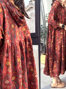 Retro Water-Mark Print Loose High-Waist Maxi Dress with Hood A-Line Gown Large Size Robe Cotton Linen Fabric Spring Autumn Wear