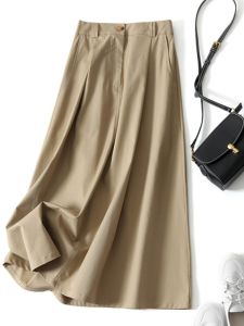 Linen A-Line Skirt Womens Spring Summer High Waist Midi Length Khaki Color Suit Style Half-length Skirt Korean Style Button Detail