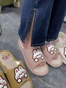 <Miss slippers>Bear Rabbit Linen Couple Slippers Home Indoor Wooden Floor Slippers For Women And Mens