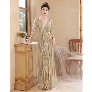 ชุดราตรีสุดหรูสำหรับผู้หญิง ชุดเดรสยาวสไตล์ปลาหางม้าสีทอง ชุดทำงานสุดเซ็กซี่ ชุดราตรีสุดหรู ชุดทำงานสุดหรู