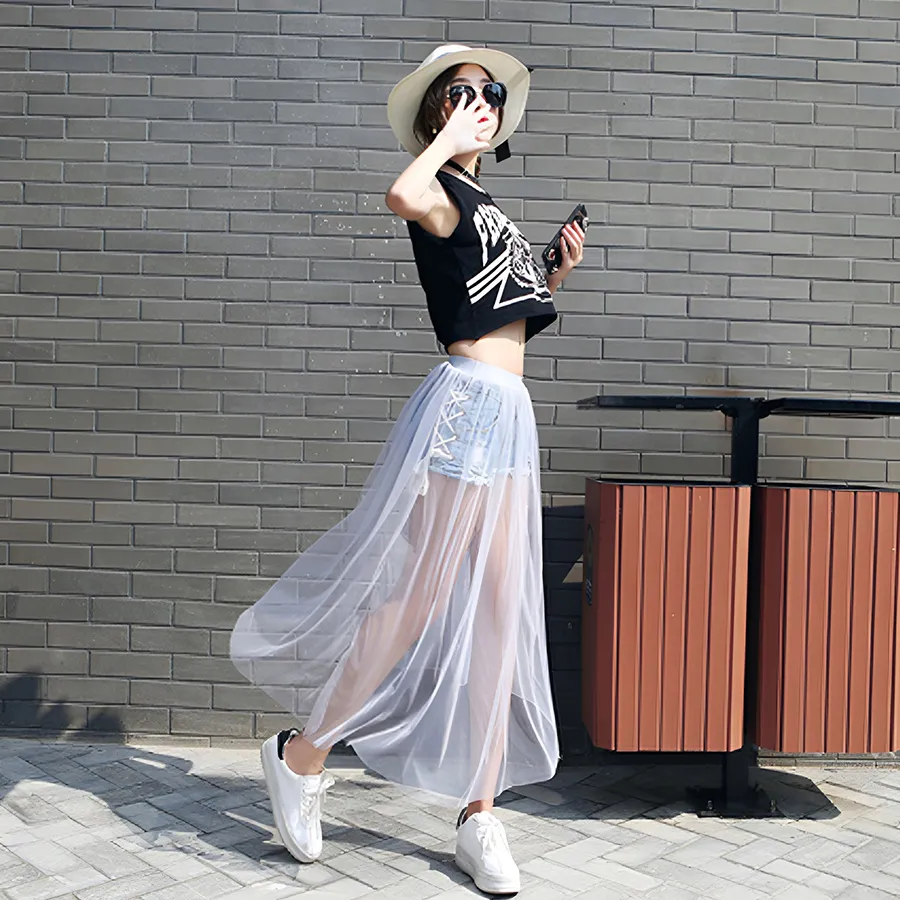 Elastic waist sheer skirt translucent yarn maxi skirts SKT080