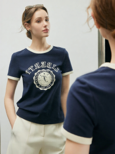 FAMANXUAN | Vintage College Style Blue Print Womens T-Shirt