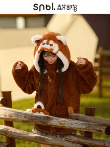 น่ารัก แพนด้าสีน้ําตาล ผ้าขนแกะ เสื้อสเว็ตเชิ้ต ต้นฉบับ ดีไซน์ ผู้หญิง ฤดูหนาว เสื้อแจ็คเก็ต การตกแต่งปักแบบหลวม ซิป กระเป๋าเสื้อ