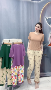 set đồ bộ nữ thun gân viền bèo 4 màu họa tiết quần dễ thương xinh xắn. Phù hợp mọi hoạt động