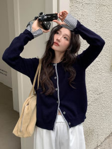 Checkered Spliced Deep Blue Knitwear Womens Long Sleeve Top