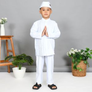 Setelan muslim baju Koko anak putih bordir full kancing by.Nur-sy