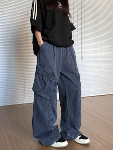 อเมริกันเรโทรถอดรหัส ดีไซน์ ทํางาน กางเกง ผู้ชายและ ผู้หญิง High Street หลวม ลำลอง พลีท ขากว้างผ้าม่านตรง กางเกง
