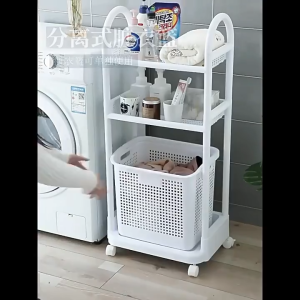 Laundry Basket Trolley Rack Removable Plastic Bathroom Shelf Dirty Clothes Storage Container Laundry Care Bag Organizer