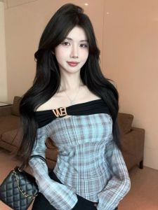 GUZILIAN | เสื้อยืดแขนกุดทรงเข้ารูปลายสก็อตสไตล์ฝรั่งเศสสำหรับผู้หญิงในฤดูใบไม้ร่วง ทรงสลิมฟิต เสื้อยืดแขนกุดแบบใหม่