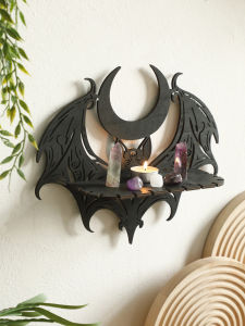 Black Halloween Wooden Wall Shelf Gothic Bat Moon Hollow Pattern Floating Shelf Crystal Holder Goth Home Decor Witch Room Decor