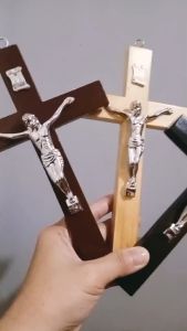 Wall Hanging Metal Crucifix 8 inches Catholic Cross Flat Wood Cross
