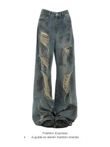 Retro Splashed Ink Hole Denim Jeans High Waist Wide Leg Floor Length Womens Spring Autumn plus Size Slimming Trousers