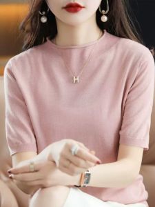 Hemmed Half-Turtleneck Knitting Short Sleeve Womens T-Shirt Thin Summer Clothing Loose Half Sleeve Wool Knitwear Pure Color Bottoming Shirt