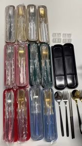 เครื่องใช้บนโต๊ะอาหารสแตนเลสแบบพกพาสไตล์เกาหลีชุดช้อนส้อมและตะเกียบสามชิ้น