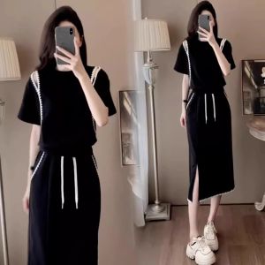 Casual Fashionable Womens Two-Piece Set Skirt Split Design Summer New Style Age-Defying Top Half-length Skirt Polyester Blend