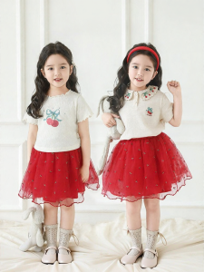YOEHYAUL | Sweet Cherry Garden Heavy Embroidery Cool Summer Short Sleeve and Layered Mesh Skirt for Girls