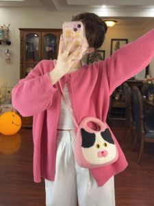 Raspberry Pink Soft Cozy Knitted Sweater Cardigan Womens Loose Versatile One Button Early Autumn Design Sweet Style Long Sleeve round Neck