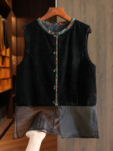 Black Velvet Vest Womens Style Retro Color Block Mesh Gold Velvet Top Splicing Design Original Design Pure Color round Neck