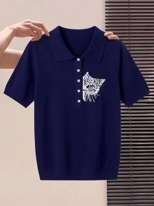 Navy Blue Embroidered Polo Collar Short Sleeve T Shirt