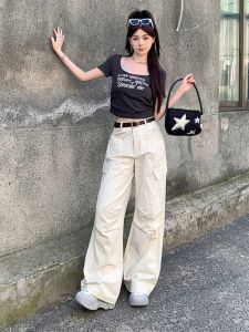 BRN American Style High Waist Wide Leg Straight Casual Sports Pants Womens Workwear Trousers New 2025 Fashion Cotton Blend