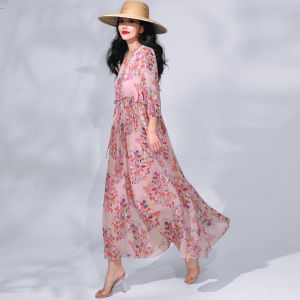 Elegant Floral Print Maxi Dress Chiffon Skirt Hem Beach Vacation Coastline Large Swaying Long Dress Slimming High-End Feeling