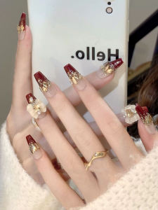 [Yan Li] Rose Forest Golden Feather Colored Glaze Wear Nail Long French Nail Sticker Level Feeling White with Diamond Manicure